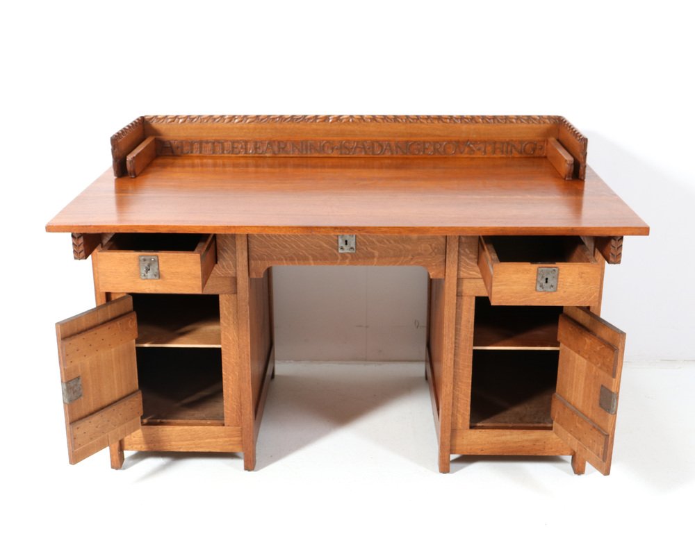 Arts & Crafts Pedestal Desk in Oak by Alexander J. Kropholler, 1890s