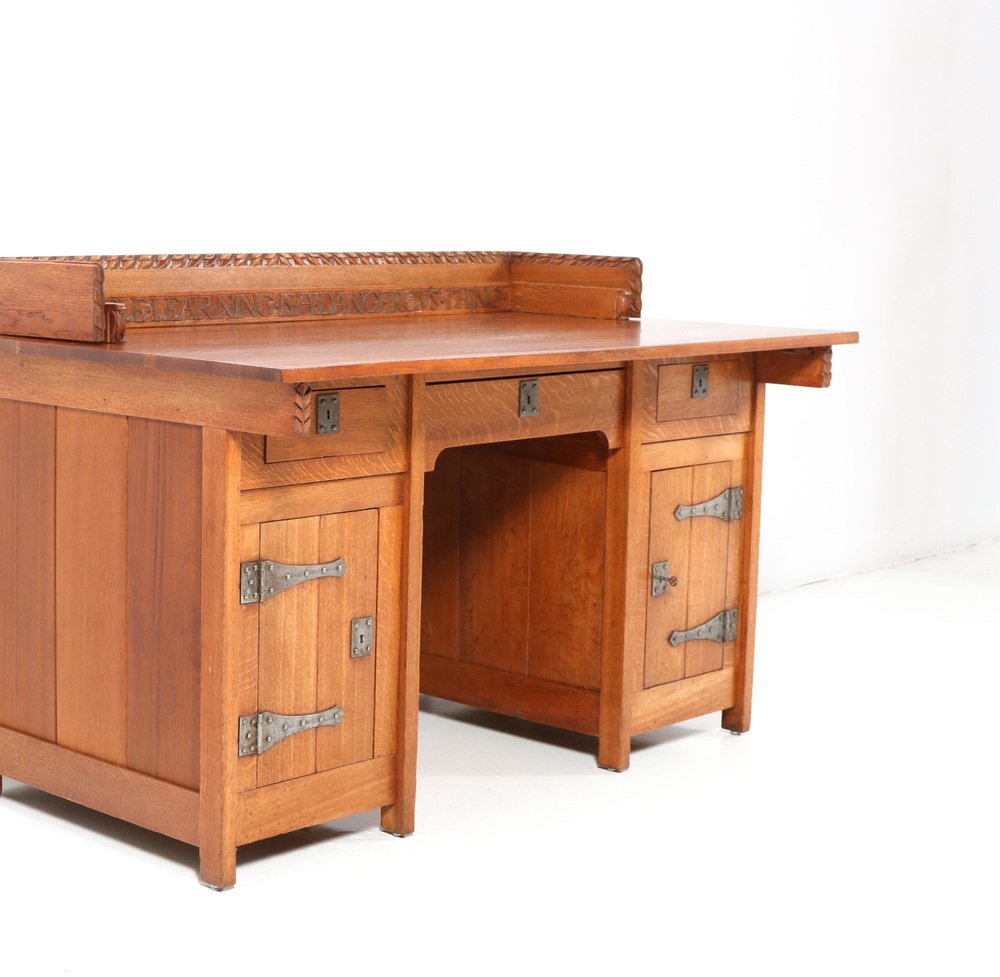 Arts & Crafts Pedestal Desk in Oak by Alexander J. Kropholler, 1890s