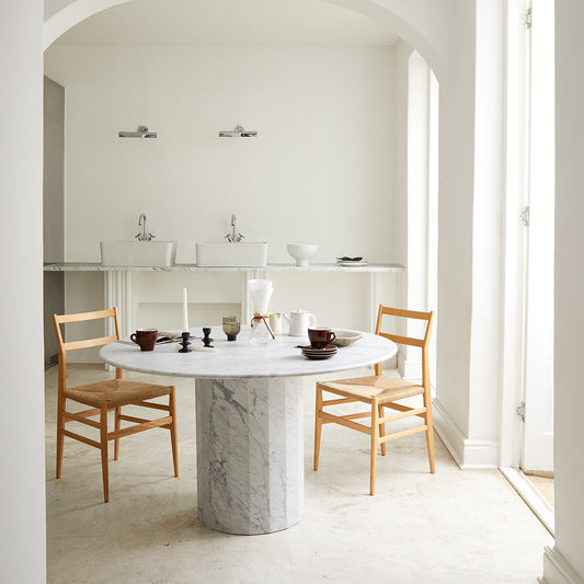 Ashby Round Dining/Hall Table Handcrafted in Honed Bianco Carrara Marble by Kevin Frankental for Lemon