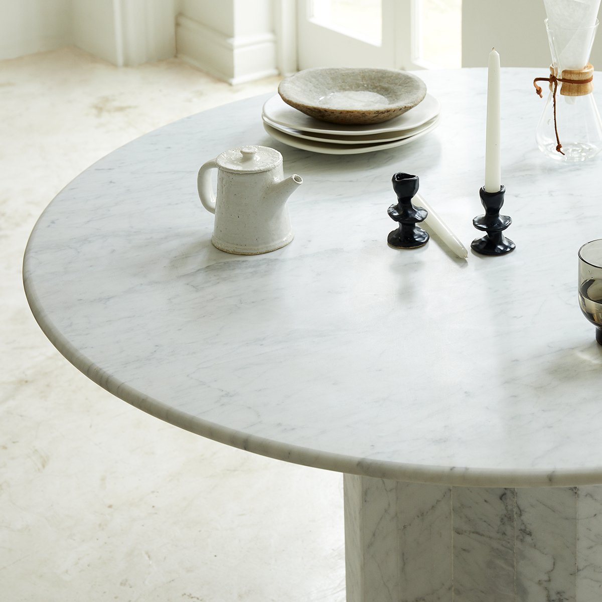 Ashby Round Dining/Hall Table Handcrafted in Honed Bianco Carrara Marble by Kevin Frankental for Lemon