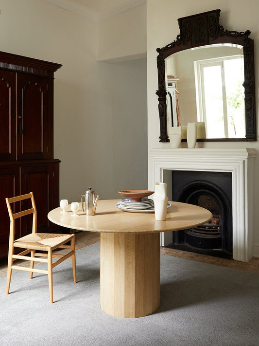 Ashby Round Dining/Hall Table Handcrafted in Honed Travertine by Kevin Frankental for Lemon