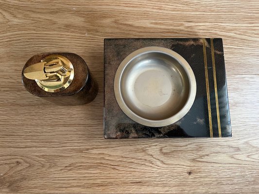 Ashtray and Lighter in Goatskin Veneer with Brass Elements by Aldo Tura, Set of 2-MSC-1758289