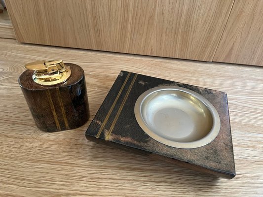 Ashtray and Lighter in Goatskin Veneer with Brass Elements by Aldo Tura, Set of 2-MSC-1758289