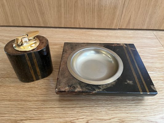 Ashtray and Lighter in Goatskin Veneer with Brass Elements by Aldo Tura, Set of 2-MSC-1758289