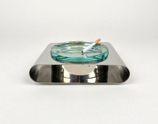 Ashtray in Steel and Green Glass from Sena Cristal, Italy, 1970s-LYQ-1288545