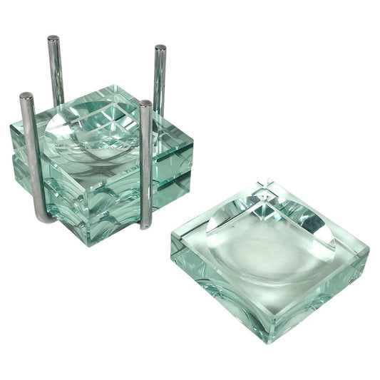 Ashtrays in Glass & Steel with Stand by Gallotti & Radice, Italy, 1970s, Set of 4