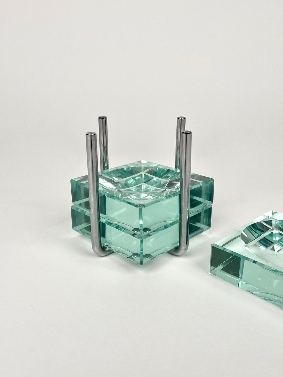 Ashtrays in Glass & Steel with Stand by Gallotti & Radice, Italy, 1970s, Set of 4