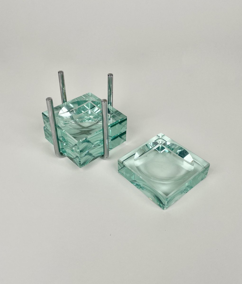 Ashtrays in Glass & Steel with Stand by Gallotti & Radice, Italy, 1970s, Set of 4