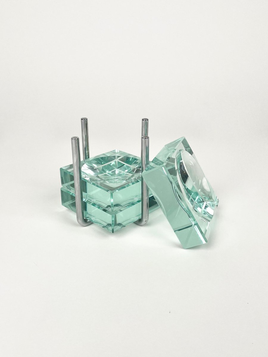 Ashtrays in Glass & Steel with Stand by Gallotti & Radice, Italy, 1970s, Set of 4