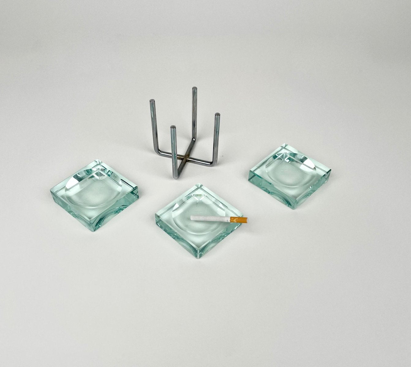 Ashtrays in Glass & Steel with Stand by Gallotti & Radice, Italy, 1970s, Set of 4