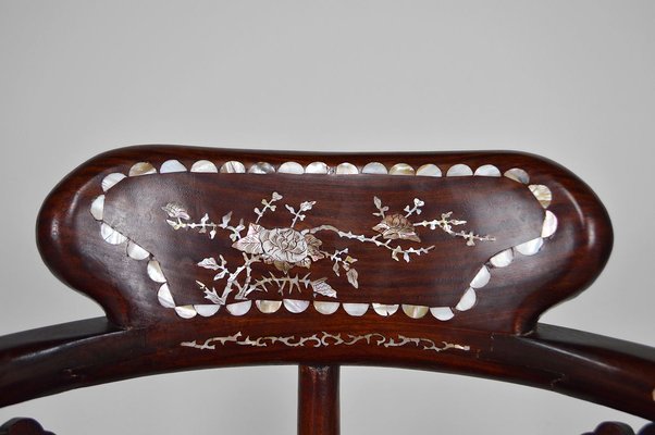 Asian Carved Inlaid Wood Armchairs, Early 20th Century, Set of 4-XNH-895788