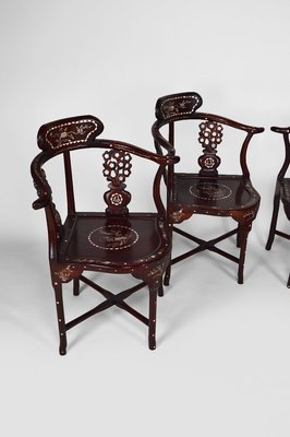 Asian Carved Inlaid Wood Armchairs, Early 20th Century, Set of 4-XNH-895788