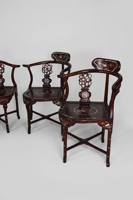 Asian Carved Inlaid Wood Armchairs, Early 20th Century, Set of 4-XNH-895788