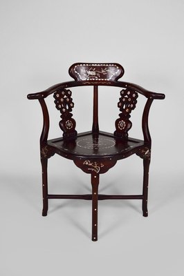 Asian Carved Inlaid Wood Armchairs, Early 20th Century, Set of 4-XNH-895788