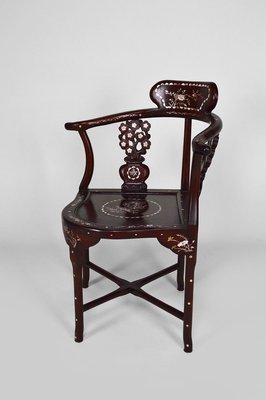 Asian Carved Inlaid Wood Armchairs, Early 20th Century, Set of 4-XNH-895788