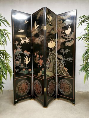 Asian Lacquered Room Divider Depicting Crane Birds-BW-1281408