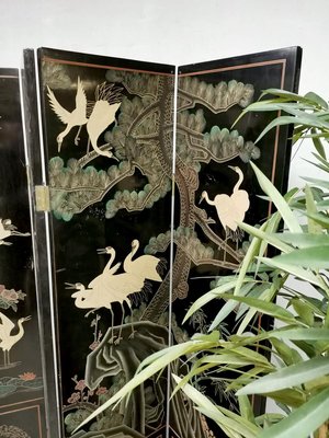 Asian Lacquered Room Divider Depicting Crane Birds-BW-1281408