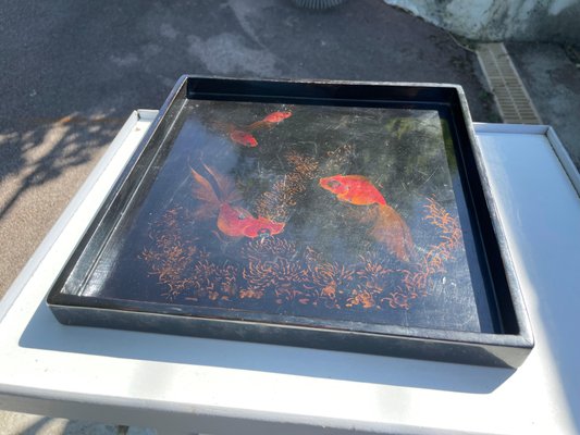 Asian Lacquered Tray With Orange Fish Pattern, Vietnam-UR-1323192