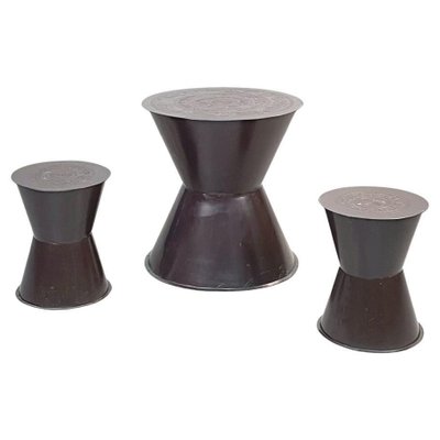 Asian Modern Table and Stools in Brown Metal with Decoration, 1990s, Set of 3-GDD-1363622