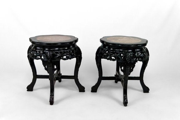 Asian Side Tables in Carved Wood and Marble Tops, 1880s, Set of 2-XNH-1804473