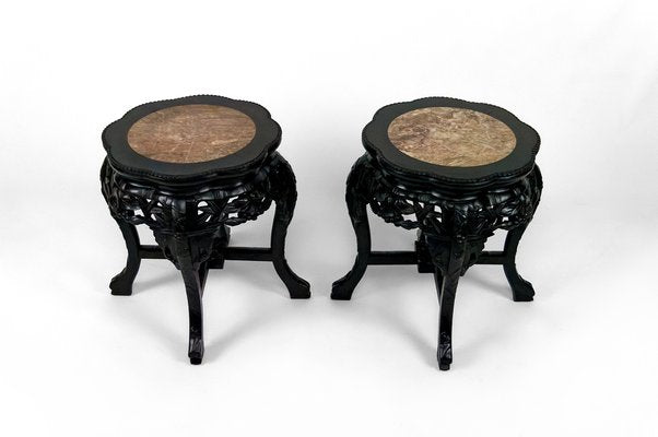 Asian Side Tables in Carved Wood and Marble Tops, 1880s, Set of 2-XNH-1804473