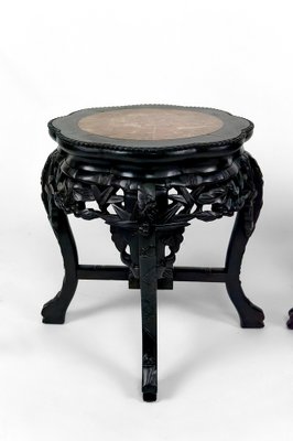 Asian Side Tables in Carved Wood and Marble Tops, 1880s, Set of 2-XNH-1804473