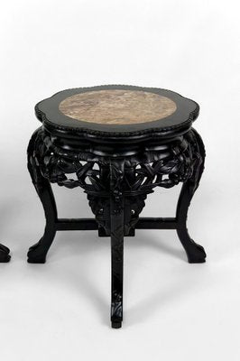 Asian Side Tables in Carved Wood and Marble Tops, 1880s, Set of 2-XNH-1804473