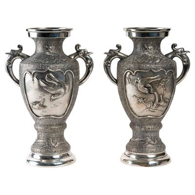 Asian Silvered Metal Vases, Set of 2-WFS-1196604