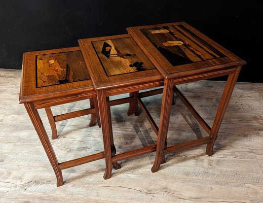 Asian Standing Tables in Marquetry, 1920s, Set of 3-IBO-1761547