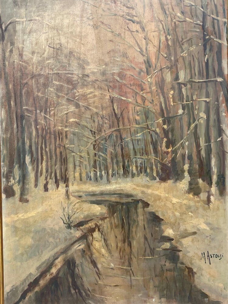 Astolfi, Snowy Park, Oil Painting on Panel, Framed