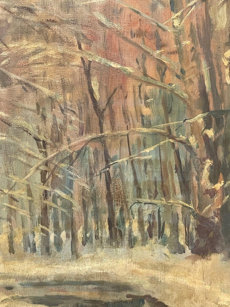 Astolfi, Snowy Park, Oil Painting on Panel, Framed