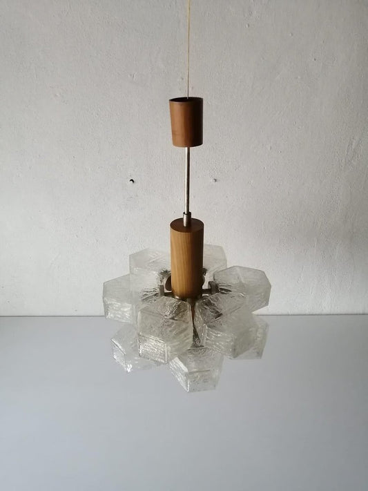 Atomic Design Austrian 12 Armed Glass & Wooden Body Chandelier from Temde, 1960s