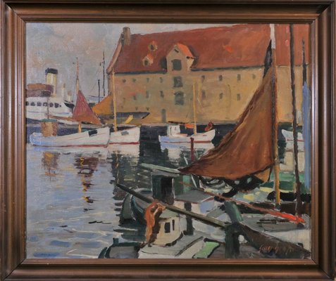 Attributed to Leonard Sandrock, View of a Harbour, 1890s, Oil on Canvas-QOR-2017328