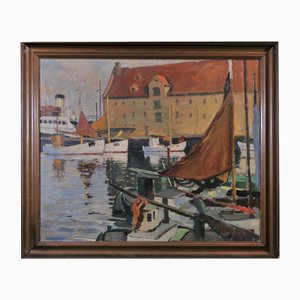 Attributed to Leonard Sandrock, View of a Harbour, 1890s, Oil on Canvas-QOR-2017328