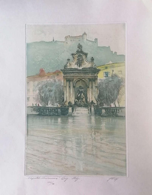 Augusto Wolf - Fountain with Castle - Original Etching Hand Watercolor - 1890s