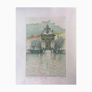 Augusto Wolf - Fountain with Castle - Original Etching Hand Watercolor - 1890s-ZCI-839429