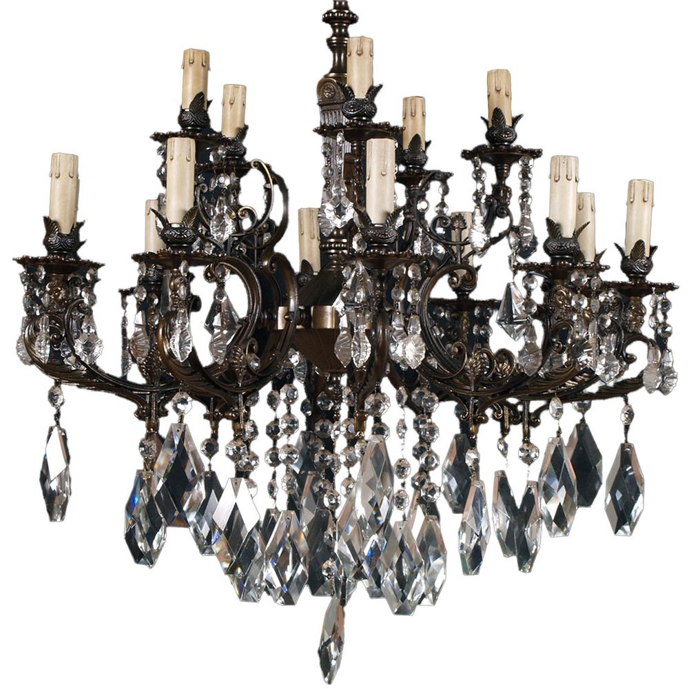 Austrian 14-Light Chandelier in Burnished Bronze with Swarovski Pendants, Late 1800s