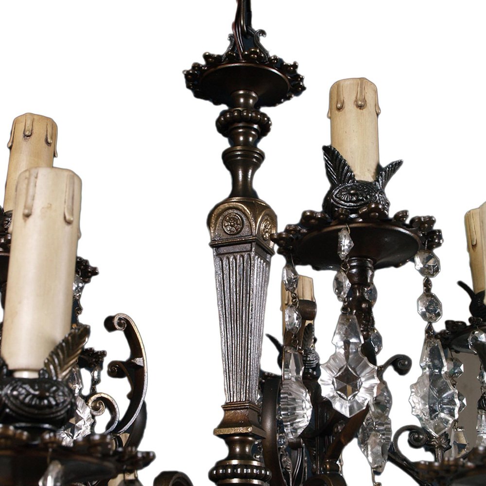 Austrian 14-Light Chandelier in Burnished Bronze with Swarovski Pendants, Late 1800s