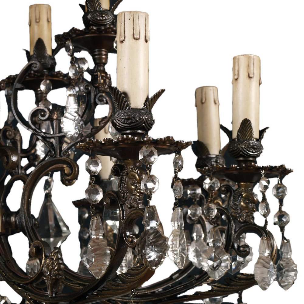 Austrian 14-Light Chandelier in Burnished Bronze with Swarovski Pendants, Late 1800s