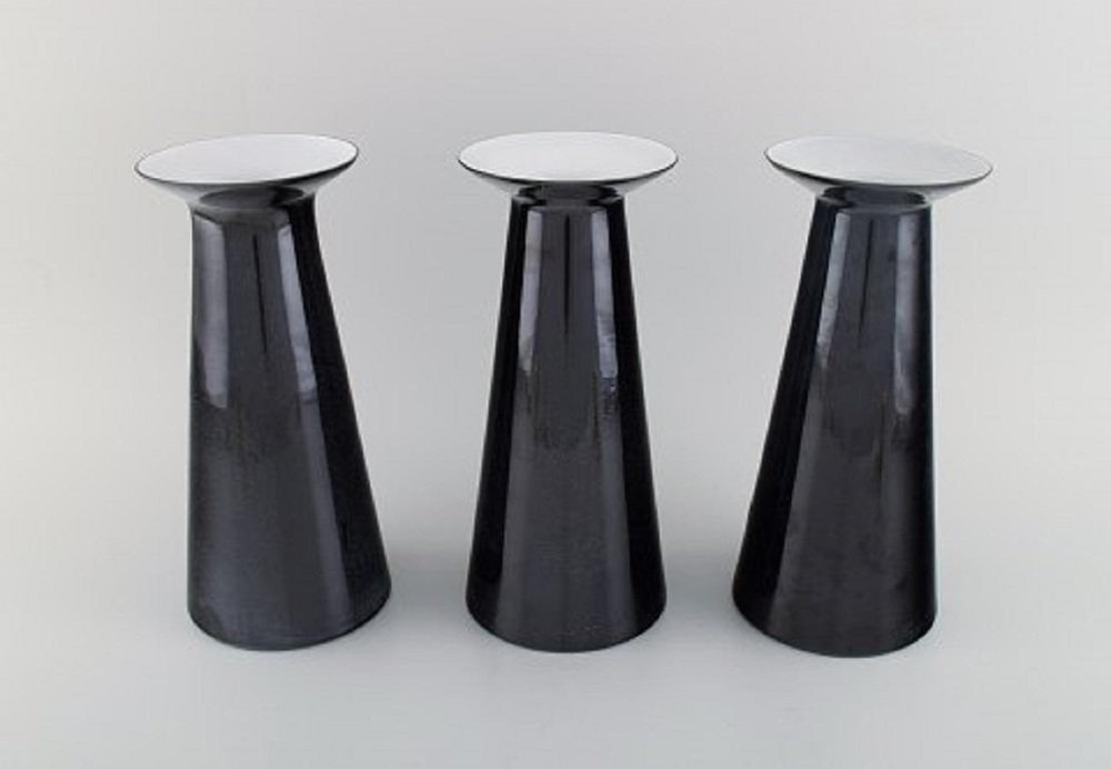 Austrian Black Art Glass Beatrice and Nora Vases by Stölzle-Oberglas, Set of 3