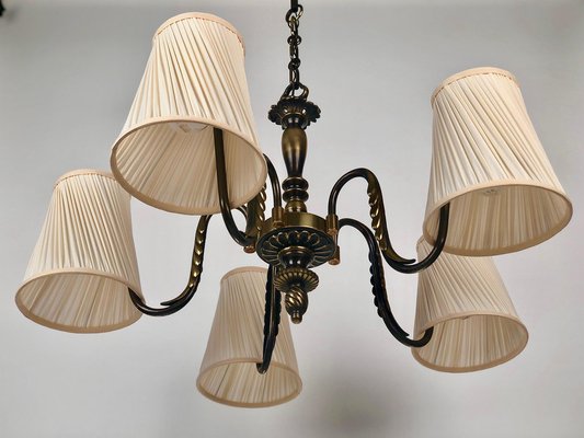 Austrian Brass Chandelier with Five Silk Shades attributed to J.T. Kalmar, 1935-BAF-1788088