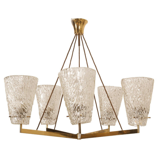 Austrian Brass Chandelier with Textured Glass by J. T. Kalmar, 1950s