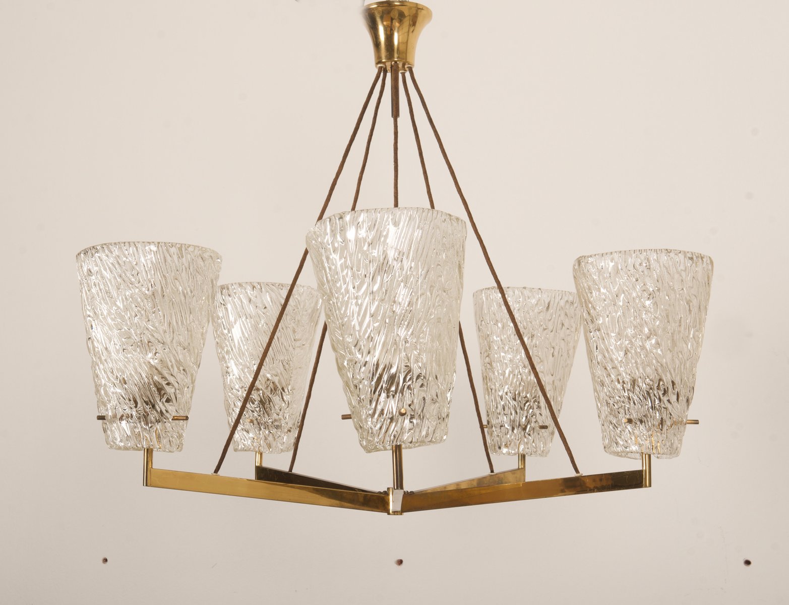 Austrian Brass Chandelier with Textured Glass by J. T. Kalmar, 1950s