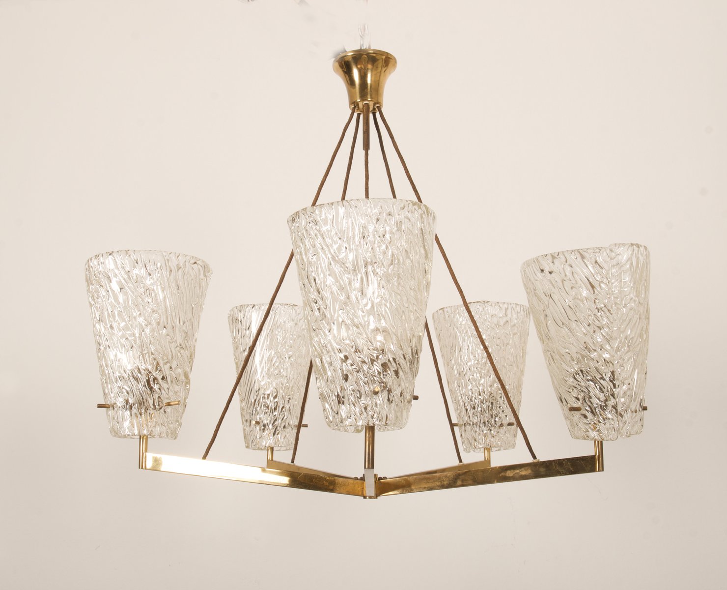 Austrian Brass Chandelier with Textured Glass by J. T. Kalmar, 1950s