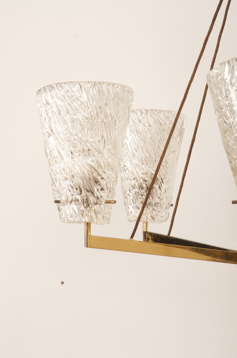 Austrian Brass Chandelier with Textured Glass by J. T. Kalmar, 1950s