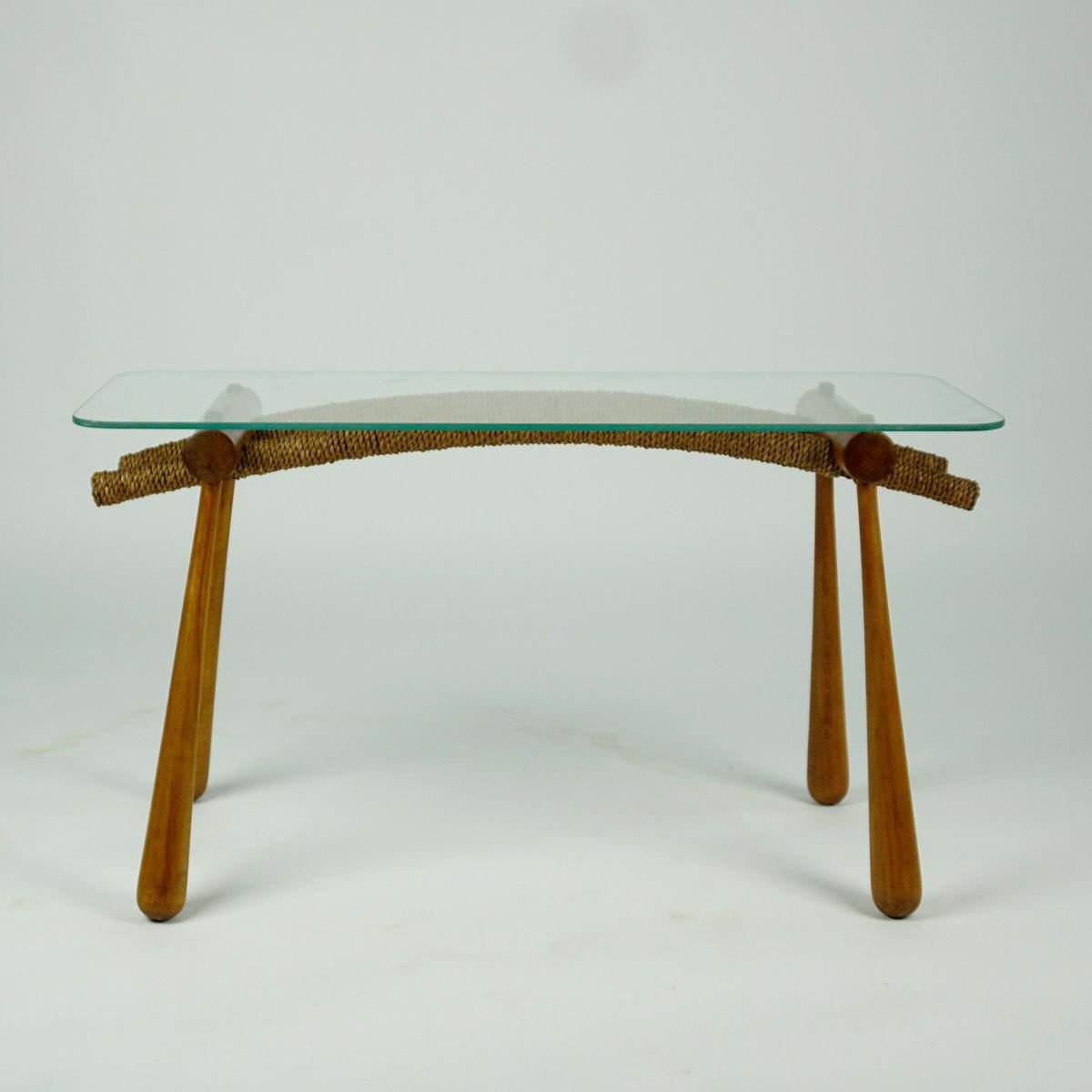 Austrian Mid-Century Beechwood Side Table with Cord and Glass Top by Max Kment