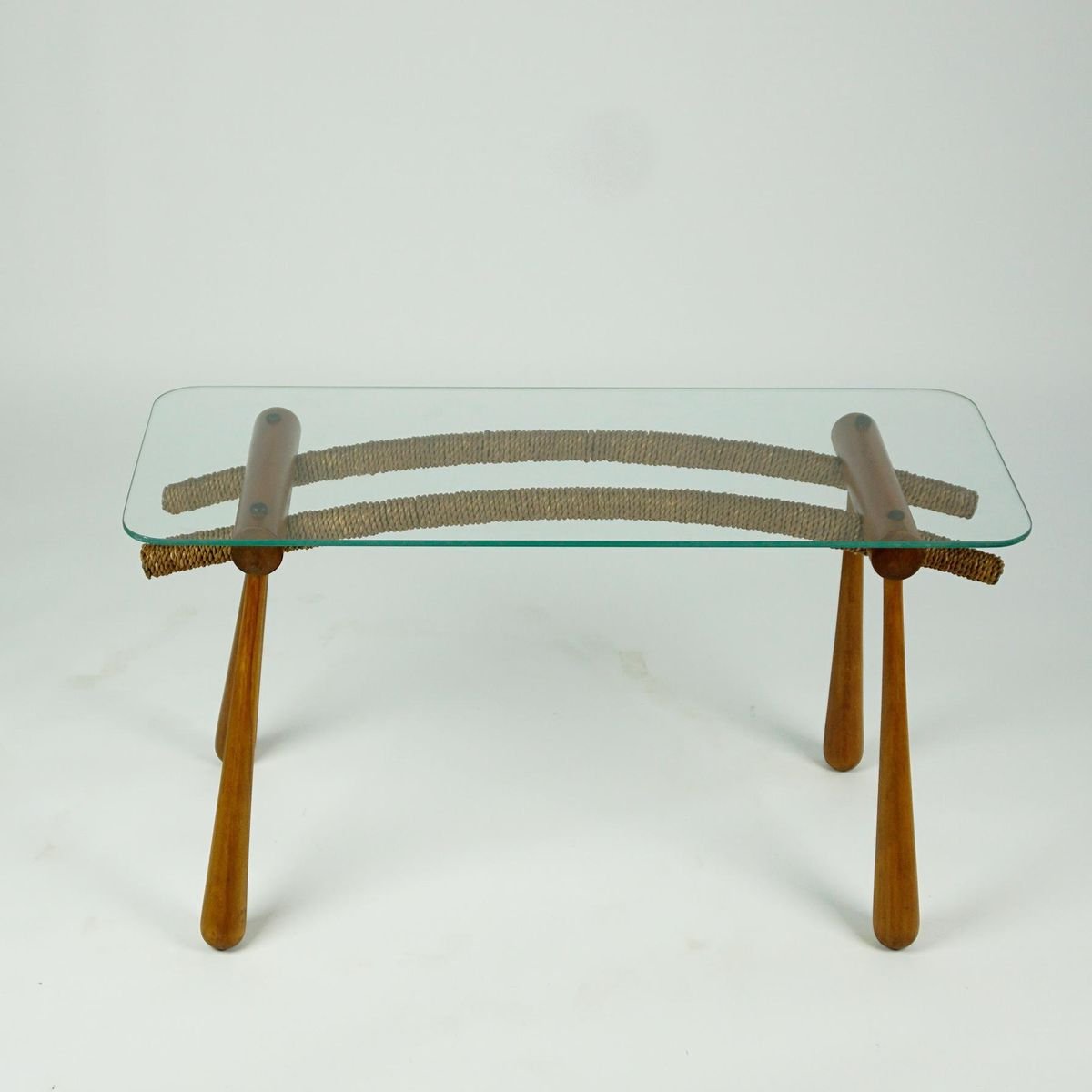 Austrian Mid-Century Beechwood Side Table with Cord and Glass Top by Max Kment