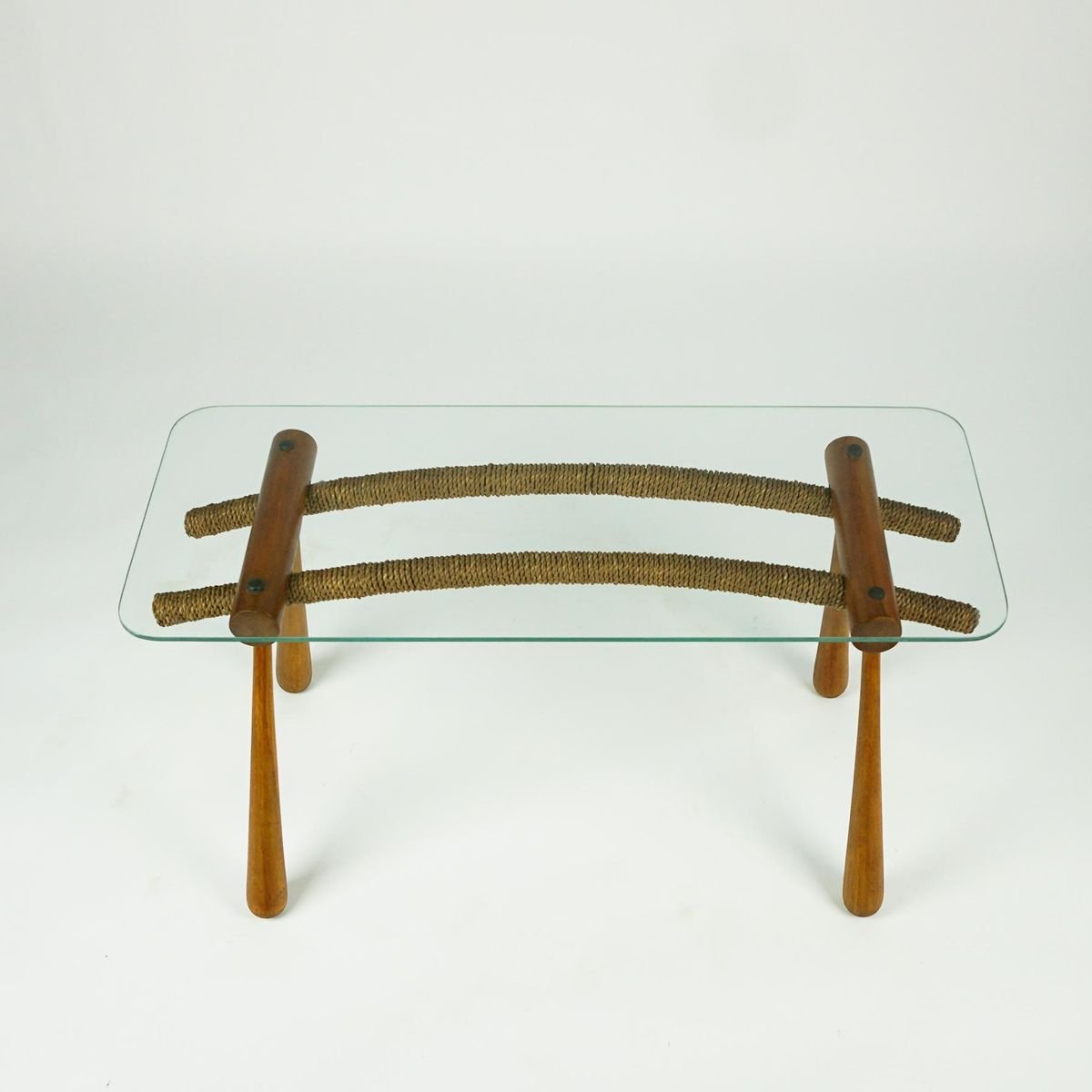 Austrian Mid-Century Beechwood Side Table with Cord and Glass Top by Max Kment