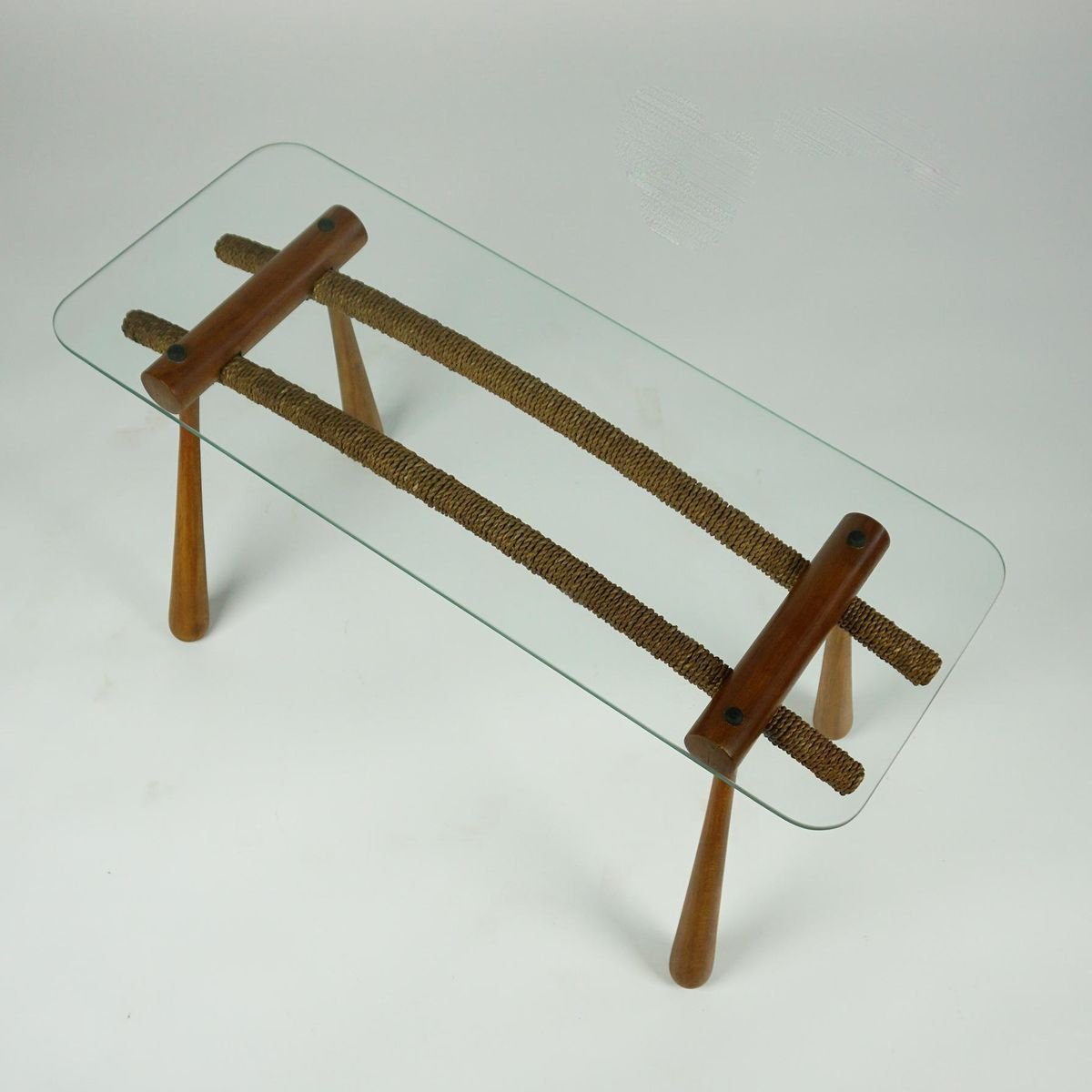 Austrian Mid-Century Beechwood Side Table with Cord and Glass Top by Max Kment