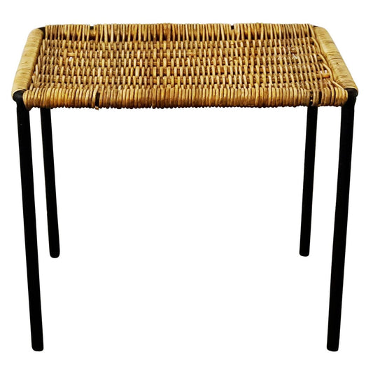 Austrian Mid-Century Black Steel and Wicker Side Table / Stool by Carl Auböck